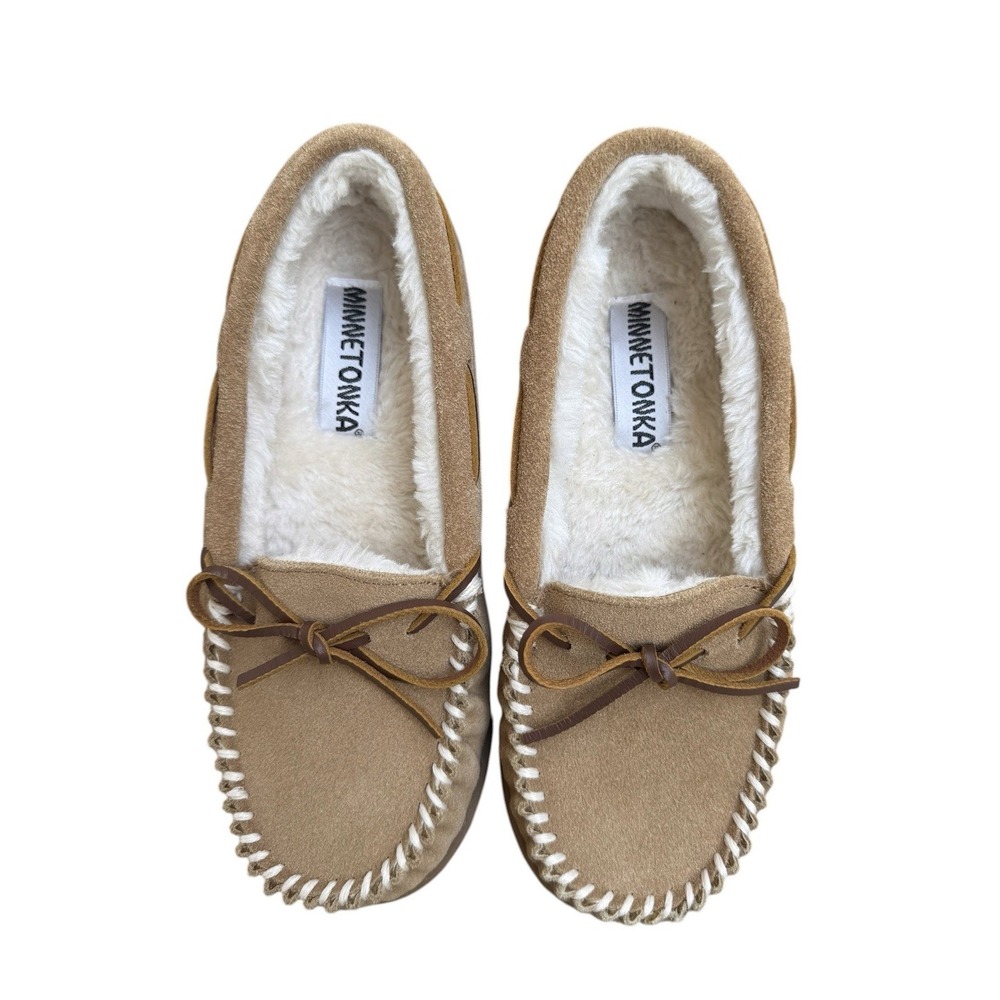 Minnetonka Women Suede Moccasin Slippers 40615 Tan Faux Fur Lined 7M